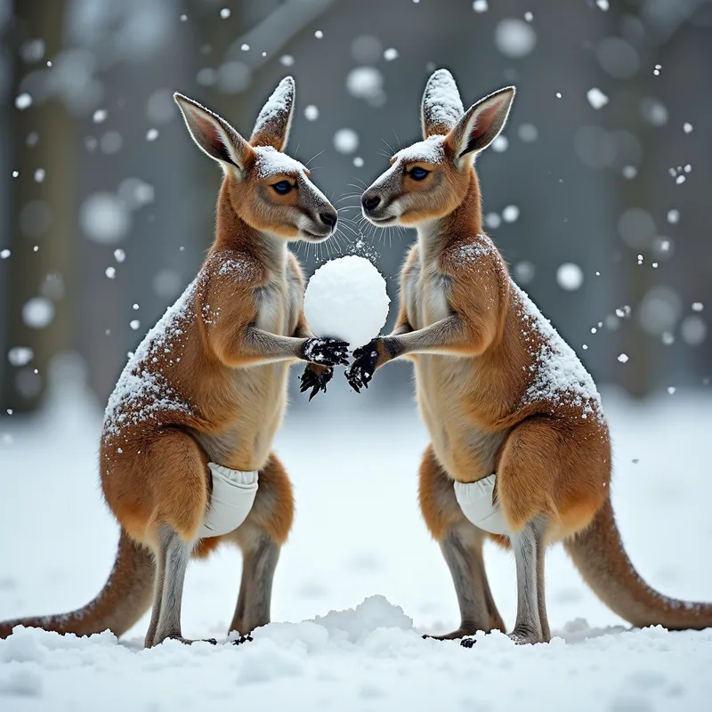 Kangaroo Snowball Fight - Two strong kangaroos clad in thick diapers engaged in an energetic snowball fight, with snowflakes flying around them in a scenic winter setting. - AI image generated with Photorealistic 2