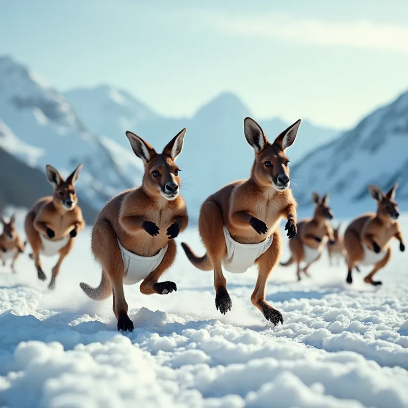 Kangaroo Snowy Sprints - Several energetic kangaroos dressed in thick diapers, racing each other across a snowy field with a backdrop of icy mountains. - AI image generated with Photorealistic 2