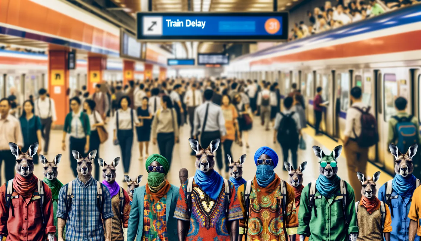 Kangaroo Station Scene - Several muscular kangaroos wearing thick, colorful diapers gathered at a bustling train station with other commuters, with a visible sign indicating a train delay. - AI image generated with Art