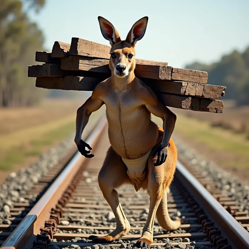 Kangaroo Strength - A muscular kangaroo wearing a thick diaper is carrying heavy railway sleepers on its shoulder, muscles bulging as it walks along the derelict railway line under the hot sun. - AI image generated with Photorealistic 2