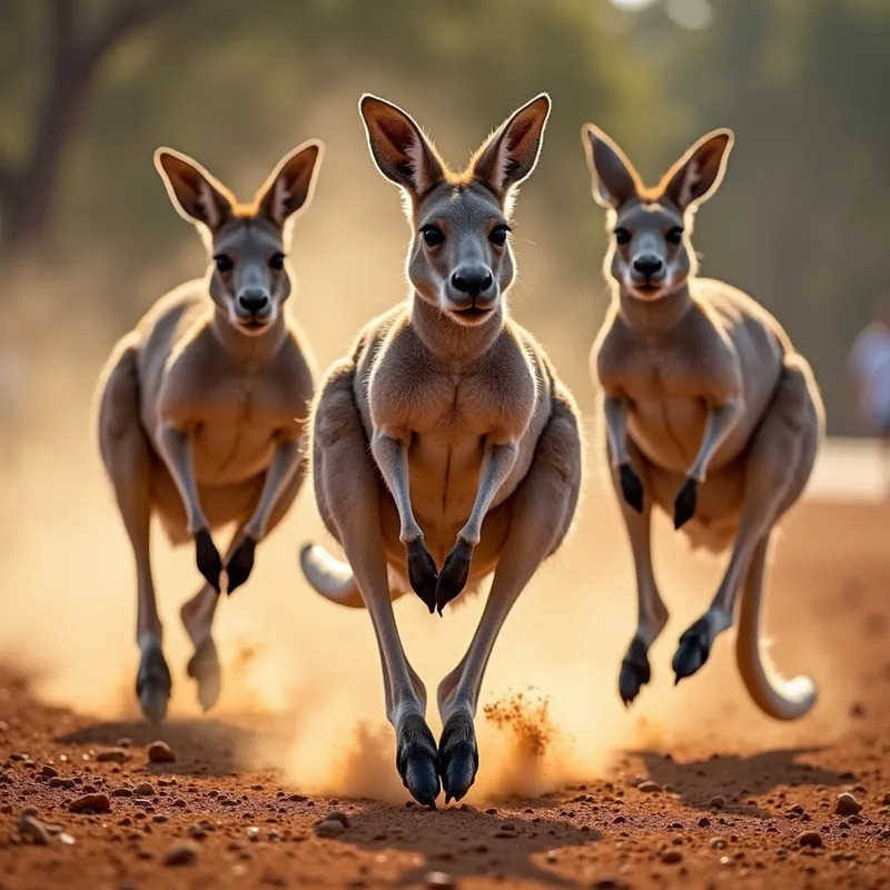 Kangaroo Velocity - An up-close action shot of powerful kangaroos wearing snug, thick diapers, showcasing their leaps with trails of dust and excitement in a sunlit arena. - AI image generated with Photorealistic 2
