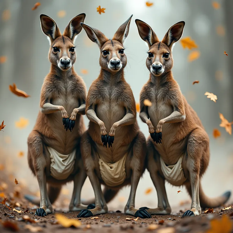 Kangaroo Winter Warriors - Three strong kangaroos grouped together, all wearing thick diapers, battling through a severe windstorm in a cold setting, with leaves and dust swirling around them. - AI image generated with Photorealistic 2