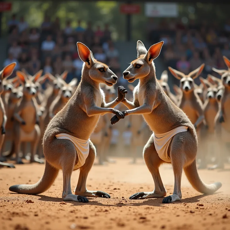 Kangaroo Wrestling Match - Two powerful, diaper-wearing kangaroos are locked in a wrestling match in a dusty arena, with an audience of other restless kangaroos cheering them on. - AI image generated with Photorealistic 2