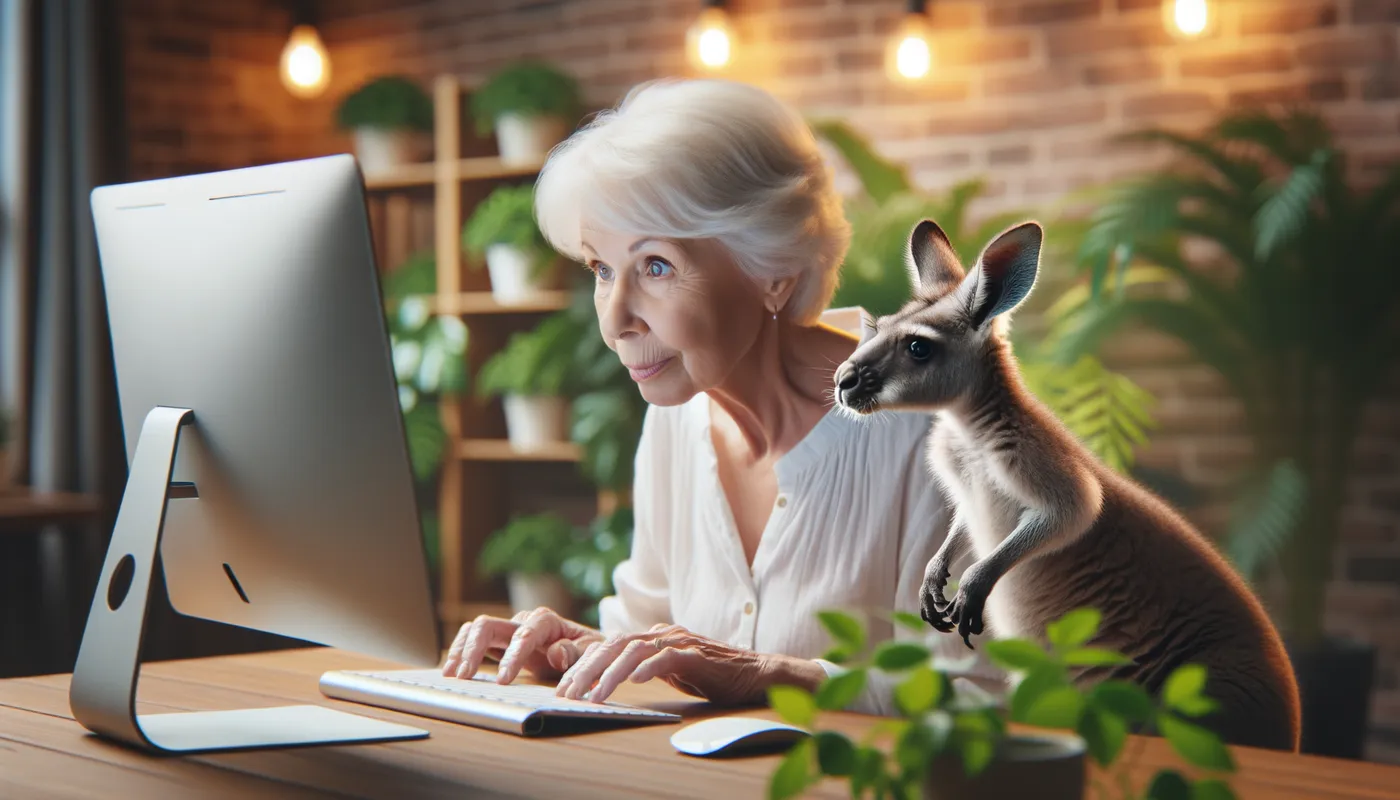 Kangaroo's Curiosity - A whimsical image of an older woman deeply engaged in her computer work, with her pet kangaroo leaning over her shoulder with a look of fascination, set in a well-lit room filled with houseplants. - AI image generated with Art
