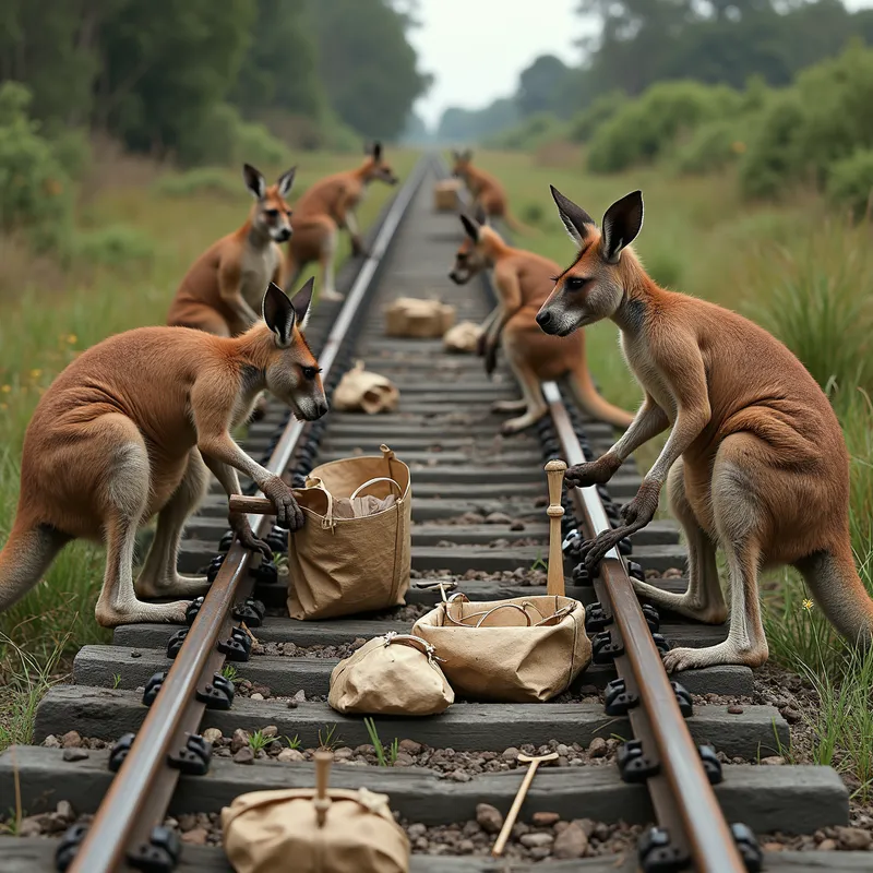 Kangaroos Rebuilding Railway Line - Several muscular kangaroos in thick diapers are seen from a bird's-eye view, distributing materials, hammering nails, and organizing supplies along a crumbling, overgrown railway line. - AI image generated with Photorealistic 2