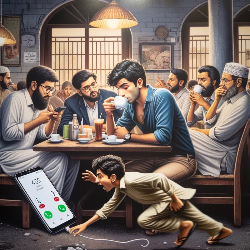 Karachi Tea Dhaba: Ignored Calls - Depicts a young man at a busy Karachi tea dhaba, sitting with friends while holding a phone. The phone screen shows multiple incoming calls from his Mother, which he does not acknowledge, focusing instead on his friends and tea.
a boy runs towards the man and tries to say something but was breathing heavily and wasn’t able to talk .
- AI image generated with Art