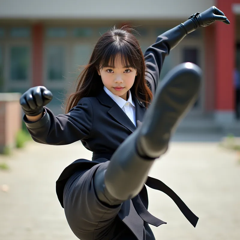 Karaté Style Playground - An elegant Asian schoolgirl with straight hair, dressed in a uniform with glossy black leather gloves and smooth, stiff leather riding boots. She confidently delivers a high side kick in a vibrant schoolyard, evoking the energy of a karate demonstration. - AI image generated with Photorealistic 2