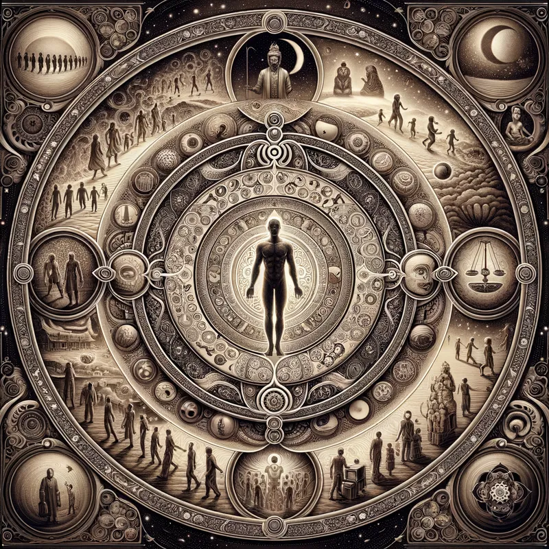 Karma's Cycle - A symbolic representation of the cycle of karma, with Lord Krishna standing at the center. Surrounding him are intricate patterns depicting different stages of life and human interactions, all leading to a balanced outcome of justice and serenity. - AI image generated with Art