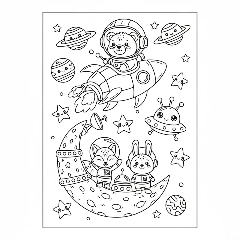 Kawaii Astronaut Bear & Space Friends - Bold, kawaii black and white cartoon coloring page for children aged 6–8.
Depicts a cute astronaut bear flying in a rocket with a fox and rabbit waving from a moon base, surrounded by smiling planets, stars, and a friendly alien.
Clean bold outlines, no shading, no color, no background, white margins.
Portrait 8.5x11 inch layout at 300 DPI, perfect for KDP coloring book.
- AI image generated with Nano Banana