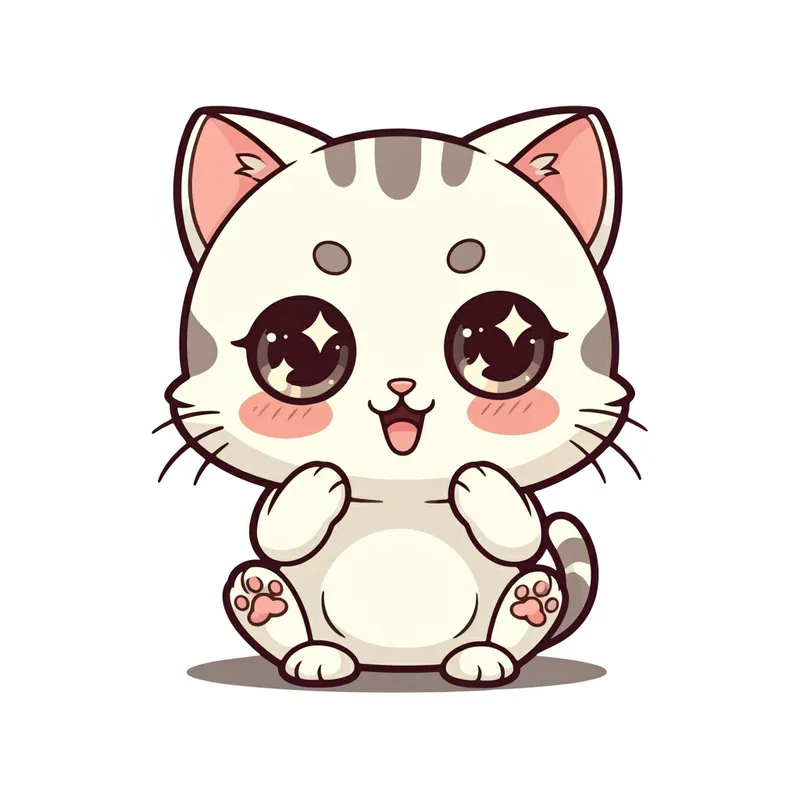 Kawaii_Chibi_Cat - This is a chibi cat character with an oversized head and big sparkling eyes. The cat features round cheeks, a small body, and is smiling with its tiny paws up. Drawn in simple line art perfect for coloring, it reflects the kawaii Japanese cartoon character style. - AI image generated with Imagen 3