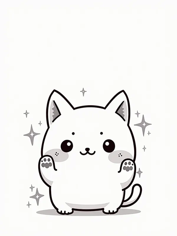 Kawaii Chibi Cat Coloring Page - Chibi style cute cat with oversized head and big sparkling eyes, round cheeks, small body, simple line art, smiling with tiny paws up, kawaii Japanese cartoon character, minimal background for coloring. - AI image generated with Photorealistic 2