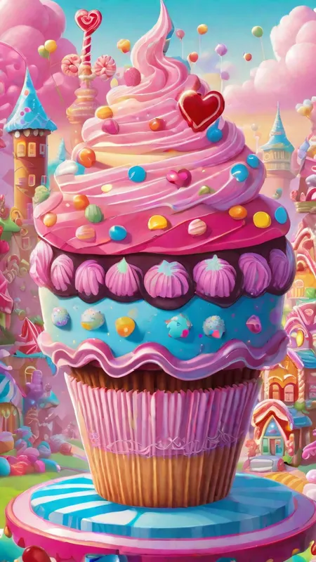 Kawaii Cupcake Candyland - Cartoon Poster of a cupcake, one layer, frosted top, open heart entrance, on a candyland lot, Kawaii, stunning candyland environment, insanely detailed, beautifully lit - AI image generated with Fictional - fantasy art