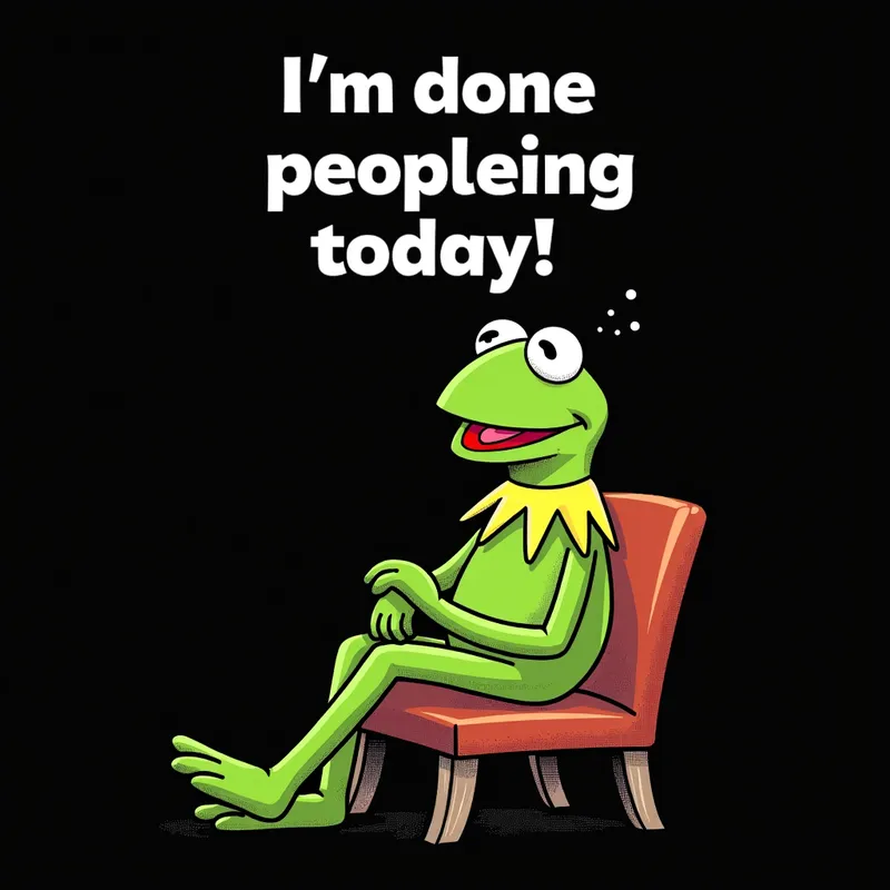 Kermit Exhausted - Kermit the Frog looking exhausted while sitting on a chair with a black background. The words 'I'm done peopleing today!' are displayed prominently. - AI image generated with Text