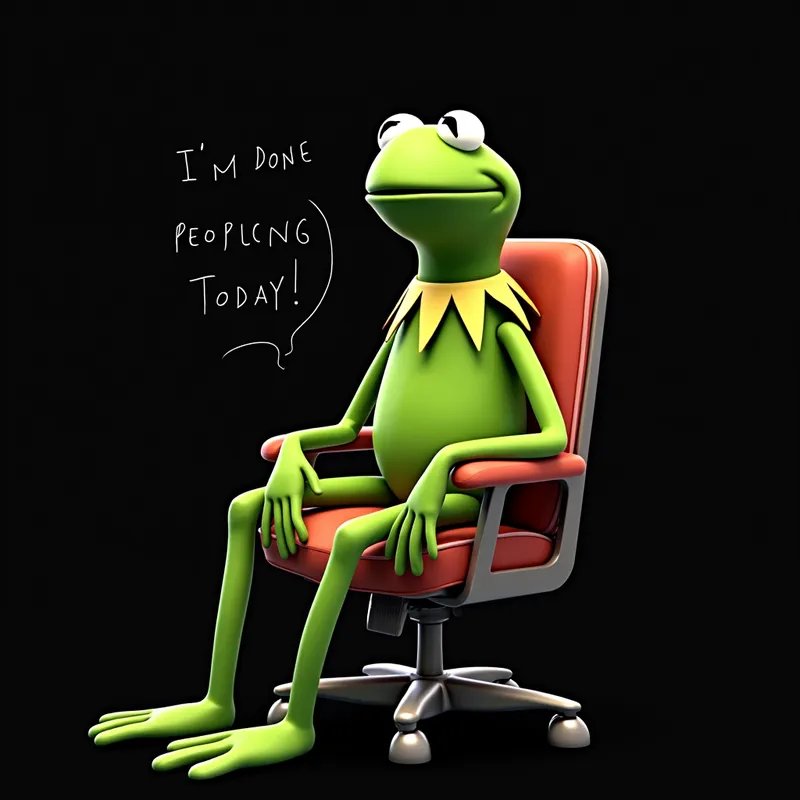Kermit Needs a Break - A visibly tired Kermit the Frog sitting in a chair, black background setting, with the words 'I'm done peopleing today!' in clear view. - AI image generated with Text