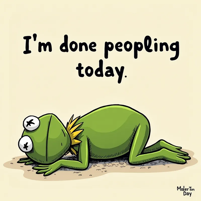 Kermit's Break - Kermit the Frog is depicted in a relaxed reclined position, appearing completely worn out. The image has no background except for the text 'I'm done peopleing today' written in a bold font. - AI image generated with Text