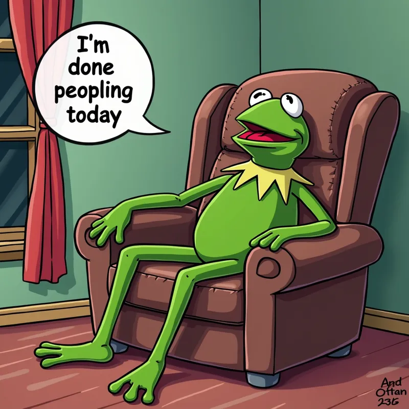 Kermit's Time Out - Kermit the Frog is shown lounging in a recliner, looking visibly tired. The scene is set with no background details besides the text 'I'm done peopleing today', emphasizing Kermit's drained state. - AI image generated with Text