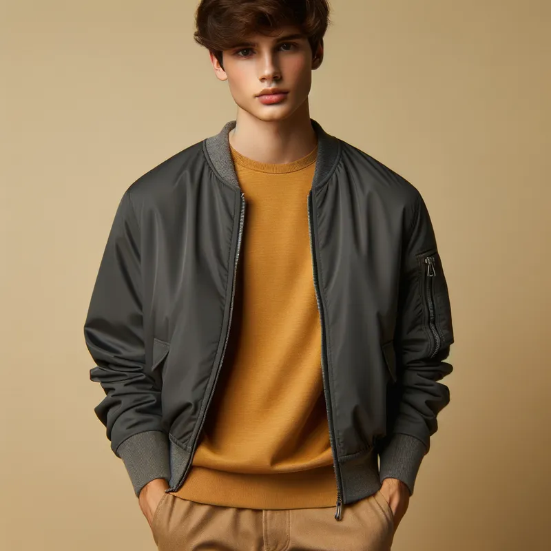 Khaki Trousers and Charcoal Jacket - A sporty Caucasian teen boy with brown hair and a warm undertone. He is sporting a long-sleeve crewneck t-shirt in mustard, a lightweight charcoal bomber jacket, relaxed-fit khaki trousers, and a neutral-tone knit beanie. - AI image generated with Art