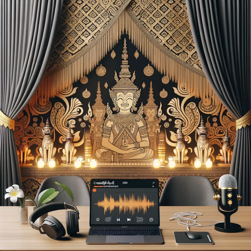KhmerEduTalk - Depict an image of a podcast named 'KhmerEduTalk,' aimed at educational discussions. The podcast setting seamlessly blends modern recording equipment with Khmer-style decorations such as silk drapes, golden statues, and patterns inspired by Khmer art and architecture. - AI image generated with Art