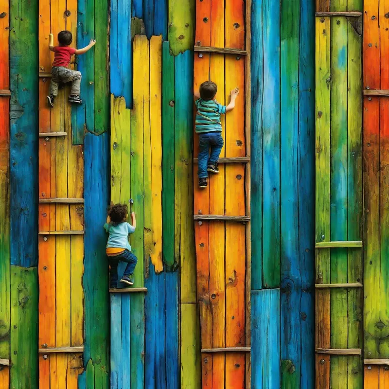 Kid Climbers on Colorful Wood Planks - David Weisner inspired background of horizontal green, blue, yellow, and orange wood planks with kids climbing up them. - AI image generated with Photorealistic - alcohol ink, doodle, Luis Royo