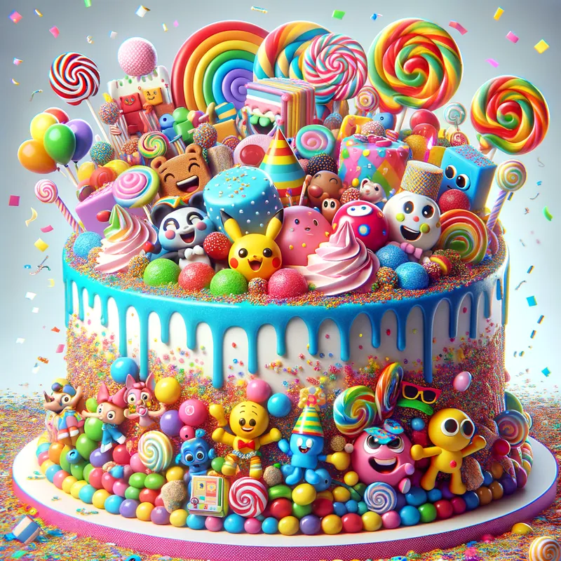 Kids' Funfetti Birthday Cake - A cheerful birthday cake filled with colorful funfetti, covered with bright icing, and topped with playful decorations like cartoon characters, lollipops, and confetti. - AI image generated with Art