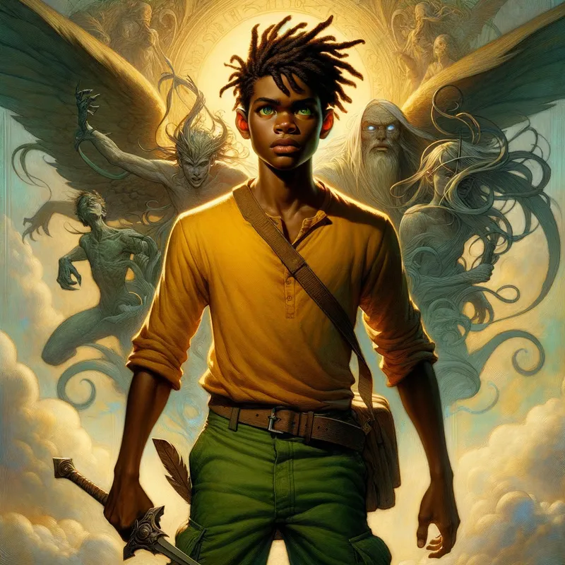 Kingdom's Champion - The chosen defender of the realm, a black male teenager with striking green eyes and flowing brown dreadlocks. Clad in a yellow shirt and green cargo pants, he commands heavenly powers and weapons. His mission is to confront the Fallen One, Lucifer, and his minions. - AI image generated with Art - ghibli