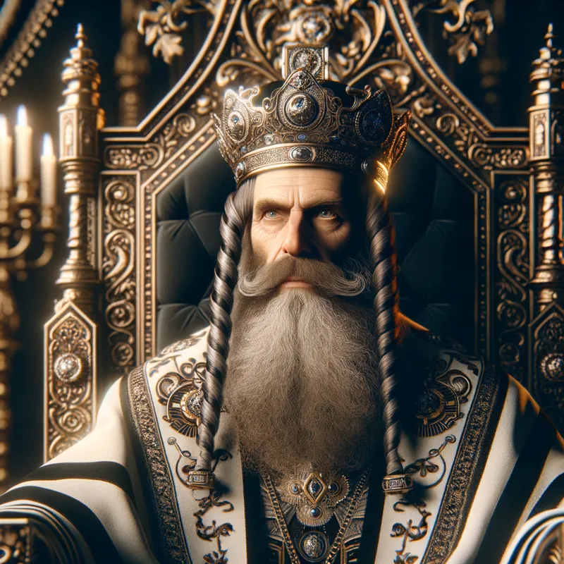 King of Heritage - A mature Jewish king of fifty years, adorned with a crown and beard, sits firmly on his throne with a fierce look. The throne room features elaborate designs representing his heritage and reign. - AI image generated with Art