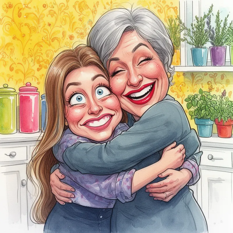 Kitchen Hug Chaos - A funny and dramatic watercolor-and-ink clipart illustration of a comical mother with short gray hair and bright lipstick enveloping her beautiful long-haired daughter in an enormous bear hug. The daughter’s face is adorably squashed, her eyes bulging from the force, while the mother beams with exaggerated affection. Both wear casual outfits and are anatomically correct, with their arms wrapped tightly around each other. Apply rule of thirds composition and make the embrace the visual core. The background is a colorful yellow kitchen with wallpaper, white cabinets, colorful canisters, and herbs in pots along the windowsill. Quirky, expressive, and highly detailed. - AI image generated with Flux 2