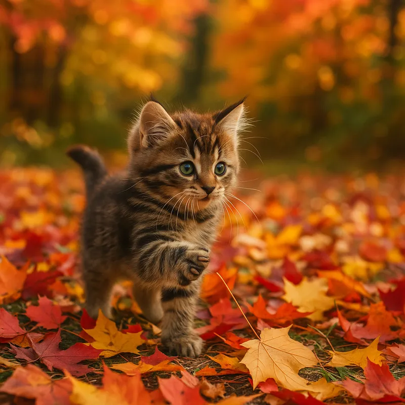 Kitten and Autumn Leaves - A kitten playing amidst a carpet of colorful autumn leaves, surrounded by the warm hues of fall foliage. - AI image generated with GPT Image