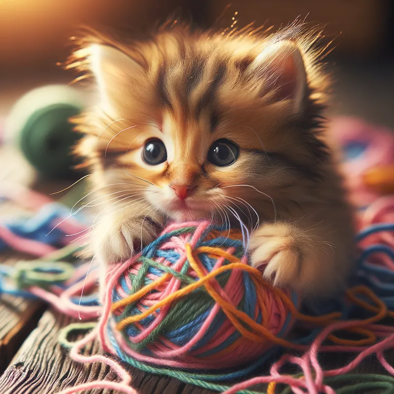 Kitten and Yarn - A kitten entangled in a ball of yarn, showcasing its natural curiosity and mischievous behavior. - AI image generated with Art