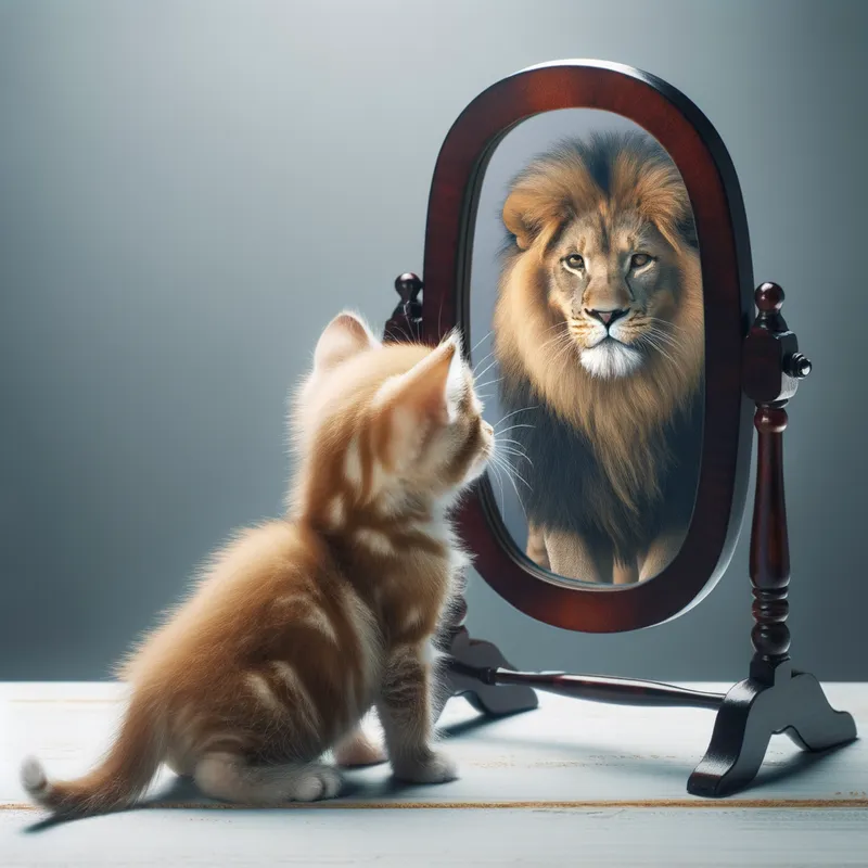Kitten's Lion Reflection - A kitten looking in a mirror reflecting a lion - AI image generated with Art