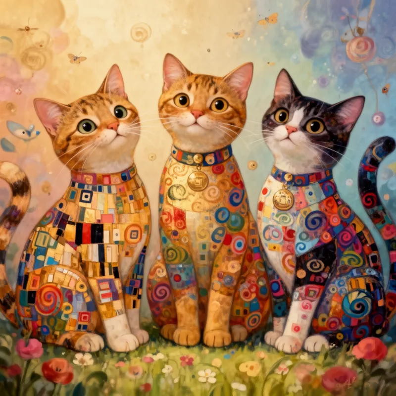 Klimt-Inspired Patchwork Cat Trio - Create whimsical cat art featuring three full-body cats, each with detailed, colorful patchwork patterns. Use the rule of thirds. Inspired by Gustav Klimt, but keep the focus on the cats' playful personalities. Depict the cats in a vibrant, dreamy setting with soft lighting that highlights their details. Each cat should be unique, with a range of patterns and colors that evoke fantasy and imagination. The background can include subtle elements that complement the whimsical theme without overshadowing the cats. Aim for a balance between intricate details and a playful, charming aesthetic, blending folk art influences with a distinctive, imaginative style.  - AI image generated with Flux 2