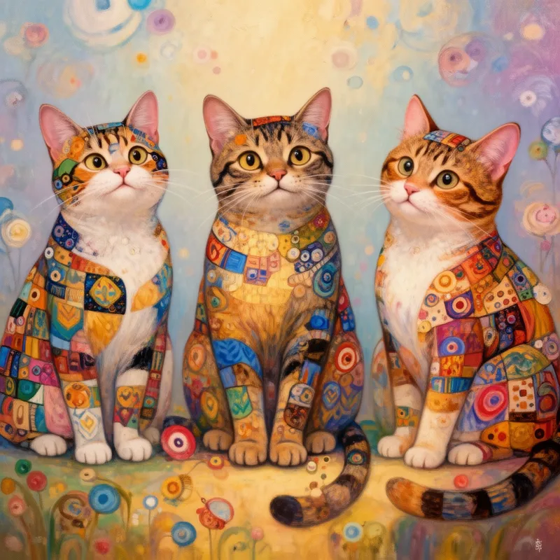 Klimt-Inspired Patchwork Cat Trio - Create whimsical, high definition, high resolution, cat art featuring three full-body cats, each with detailed, colorful patchwork patterns. Use the rule of thirds. Inspired by Gustav Klimt, but keep the focus on the cats' playful personalities. Depict the cats in a vibrant, dreamy setting with soft lighting that highlights their details. Each cat should be unique, with a range of patterns and colors that evoke fantasy and imagination. The background can include subtle elements that complement the whimsical theme without overshadowing the cats. Aim for a balance between intricate details and a playful, charming aesthetic, blending folk art influences with a distinctive, imaginative style.  - AI image generated with Flux 2