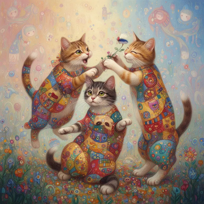 Klimt-Inspired Patchwork Playmates - Create whimsical, high definition, high resolution, cat art featuring three full-body cats, each with detailed, colorful patchwork patterns. Use the rule of thirds. Have them playing with each other, Inspired by Gustav Klimt, but keep the focus on the cats' playful personalities. Depict the cats in a vibrant, dreamy setting with soft lighting that highlights their details. Each cat should be unique, with a range of patterns and colors that evoke fantasy and imagination. The background can include subtle elements that complement the whimsical theme without overshadowing the cats. Aim for a balance between intricate details and a playful, charming aesthetic, blending folk art influences with a distinctive, imaginative style. - AI image generated with Flux 2