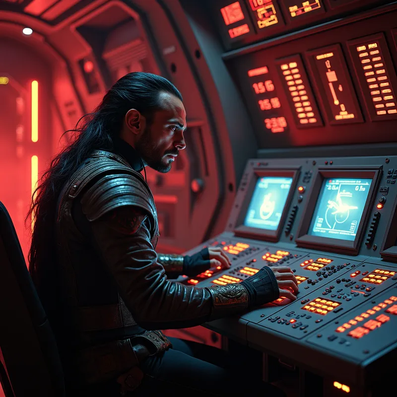 Klingon Warrior's Control Conundrum - A strong and determined male Klingon warrior working on a control panel inside the engine room of a Klingon spaceship. makant klingonen forehead. long black hair. wearing a klingon leather amor.
 The scene is awash with an array of red lights from various screens and warning signals, giving a sense of urgency and determination. - AI image generated with Photorealistic 2