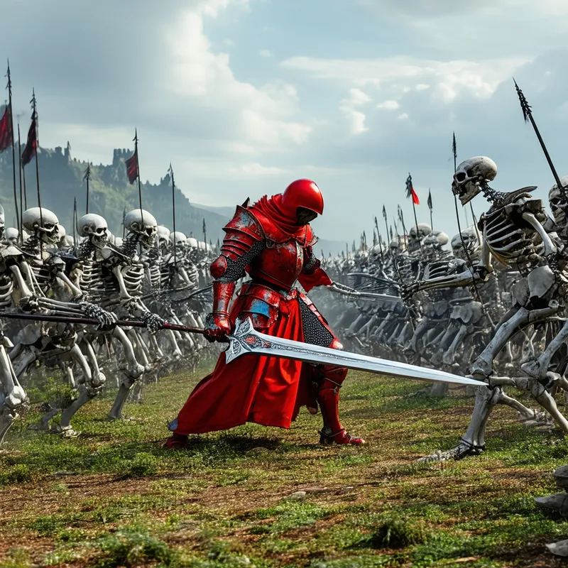 Knight in Red Battles Skeleton Horde - A red human knight destroying skeleton warriors with his sword
