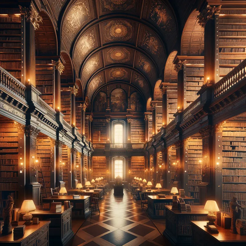 Knowledge Library - A grand and historic library room filled with towering shelves of ancient books, warm lighting, and cozy reading nooks, embodying the pursuit of knowledge and wisdom. - AI image generated with Art