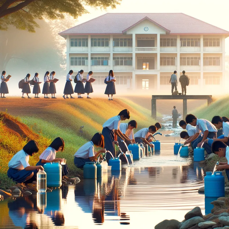 Knowledge Springs - A clear morning by a freshwater spring. Girls in neat school outfits fill their water containers while chatting about schoolwork. In the background, a school building is visible, symbolizing the connection between water access and educational success. - AI image generated with Art