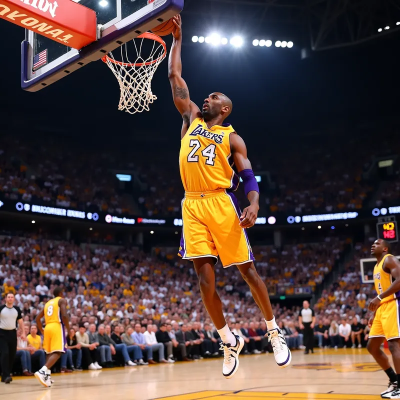 Kobe Bryant Dunk - Kobe Bryant performing a spectacular dunk in an NBA game, capturing his athleticism and grace mid-air against the backdrop of cheering fans. - AI image generated with Photorealistic 2