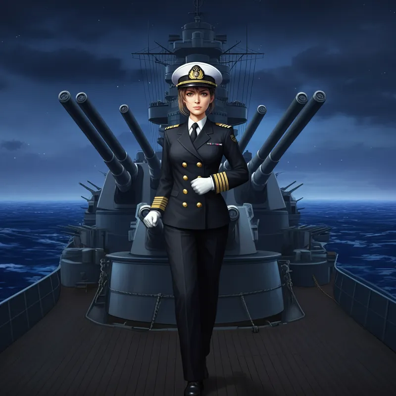 Kommandantin auf dem Deck - A confident young female officer in a naval uniform stands proudly at the bow of a World War II era battleship, ocean expanse ahead and detailed naval guns in the background. - AI image generated with Imagen 3 - dark tones, night lighting, ghibli