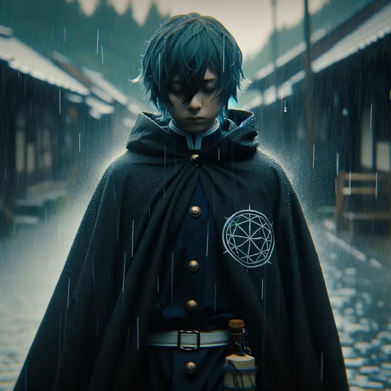 Konan in the Rain - Konan from Akatsuki walking through a rainy village wearing her Akatsuki cloak, with raindrops bouncing off her body and her blue hair sticking slightly to her face, creating a melancholic atmosphere. - AI image generated with Art