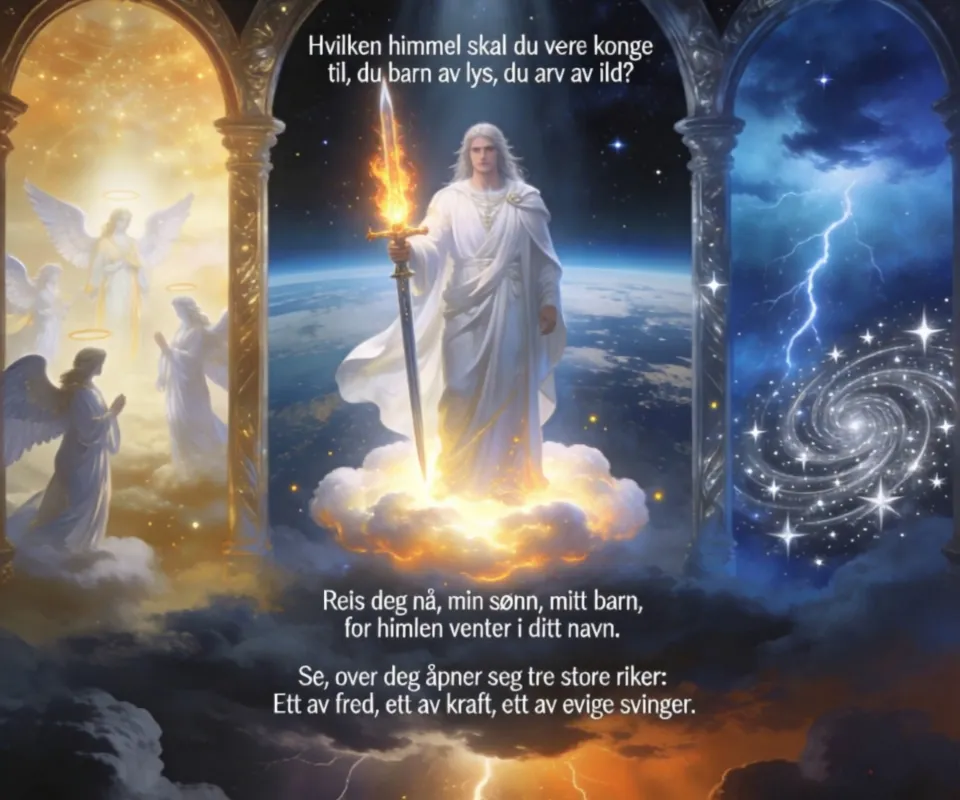 Konge av Lys: Valget av Himmelriket - Hvilken himmel skal du være konge til,
du barn av lys, du arv av ild?
Jeg kalte deg frem fra tidens kilde,
til riker skjult og riker ville.
Reis deg nå, min sønn, mitt barn,
for himlen venter i ditt navn.
Da mørket falt på verdens rand,
og stjernene skalv som i englers hand,
da løftet jeg stemmen og ropte ditt navn,
og lyset våknet i ditt indre kammer.

Jeg sa: "Fra støv skal du reise deg,
fra skygger skal du bære meg.
For lyset trenger en vokter, en vilje,
en konge som står når natt vil tilte."
Du gikk gjennom daler der ekkoet døde,
du bar dine byrder som flammer i brøde.
Du kjempet mot stormer som ville deg knele,
men hjertet ditt brant som en sol uten hvile.

Jeg så deg falle, men aldri bli borte,
jeg så deg rope, men aldri gi opp.
For konger formes i kampens hete,
og himler vinnes av sjeler som vet det.
Hvilken himmel skal du være konge til,
du barn av lys, du arv av ild?
Jeg kalte deg frem fra tidens kilde,
til riker skjult og riker ville.
Reis deg nå, min sønn, mitt barn,
for himlen venter i ditt navn.
Se, over deg åpner seg tre store riker:
Ett av fred, ett av kraft, ett av evige svinger.
Hvilket du velger, er ikke min lov,
for lysets arv velger selv sin trone.

Vil du herske der stjernene danser,
der engler synger i tusen sjanser?
Eller vil du stå i kampens himmel,
der lynet bøyer seg for kongens vilje?
Jeg gir deg ikke makt, men mulighet.
Ikke tronen, men veien til den.
For himler formes av hjertets retning,
og konger fødes av egen lengsel.

Så svar meg nå, du sønn av lyset:
Hva søker du i evighetens rom?
Er det fredens glans eller ildens styrke,
eller himlen der alt blir ett i mitt navn?
Hvilken himmel skal du være konge til,
du barn av lys, du arv av ild?
Jeg kalte deg frem fra tidens kilde,
til riker skjult og riker ville.
Reis deg nå, min sønn, mitt barn,
for himlen venter i ditt navn.
Jeg velger himlen der mørket brister,
der lyset fødes i stormens kyster.
Jeg velger riket der håpet brenner,
der konger reiser seg, ikke vender.

For jeg er arv av lys og - AI video generated with Lite