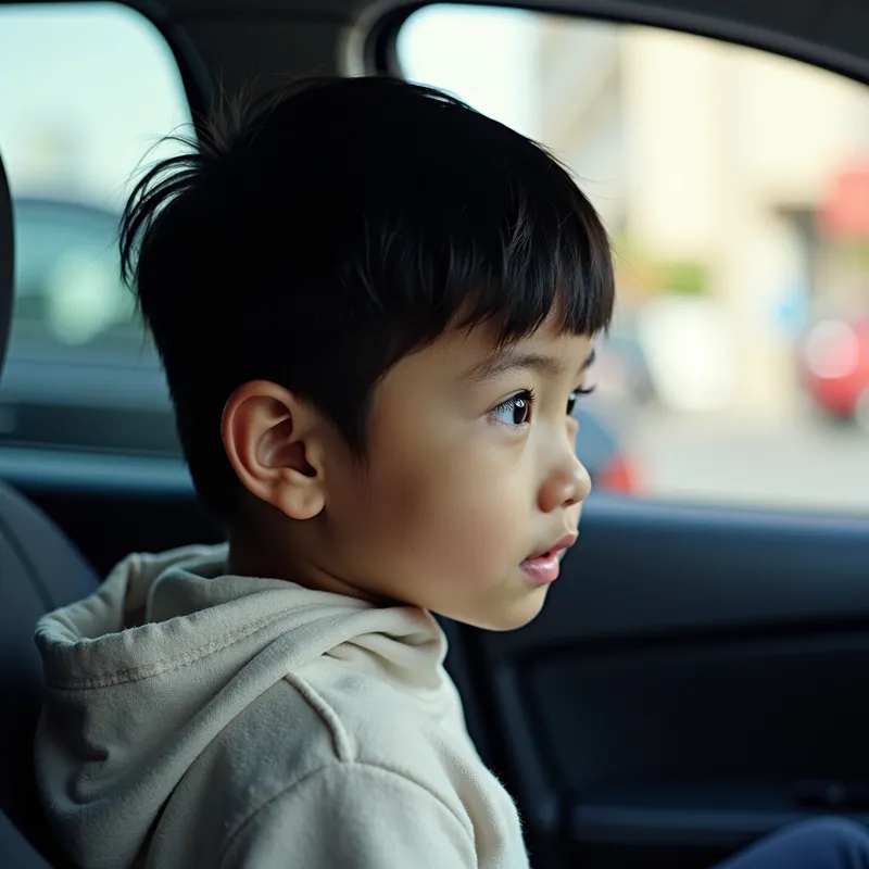 Korean Boy by the Window - Un chico coreano de cabello negro y ojos azules con la cabeza apoyada en la ventana del auto, mirando hacia el exterior  - AI image generated with Photorealistic 2