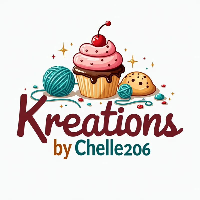 KreationsbyChelle206 Logo Concept 2 - A playful and colorful logo design displaying 'KreationsbyChelle206' in a bold, creative font with cupcake and dough iconography interwoven with crafting supplies such as yarn and beads. - AI image generated with Text