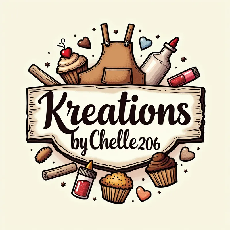 KreationsbyChelle206 Logo Concept 4 - A rustic logo featuring 'KreationsbyChelle206' in script font, adorned with hand-drawn baking items like muffins and an apron seamlessly combined with crafting materials like glitter and glue sticks. - AI image generated with Text