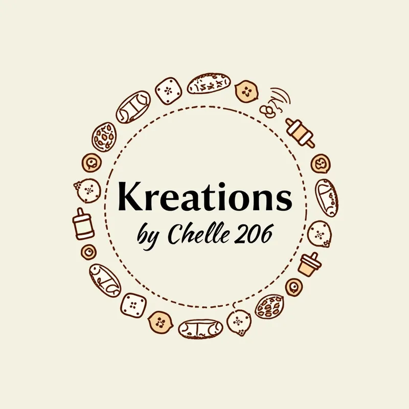 KreationsbyChelle206 Logo Concept 5 - A chic and minimalist logo with 'KreationsbyChelle206' in a clean, modern font, subtly framed by a wreath of baking motifs including bread loaves and cakes, along with crafting symbols like buttons and thread. - AI image generated with Text