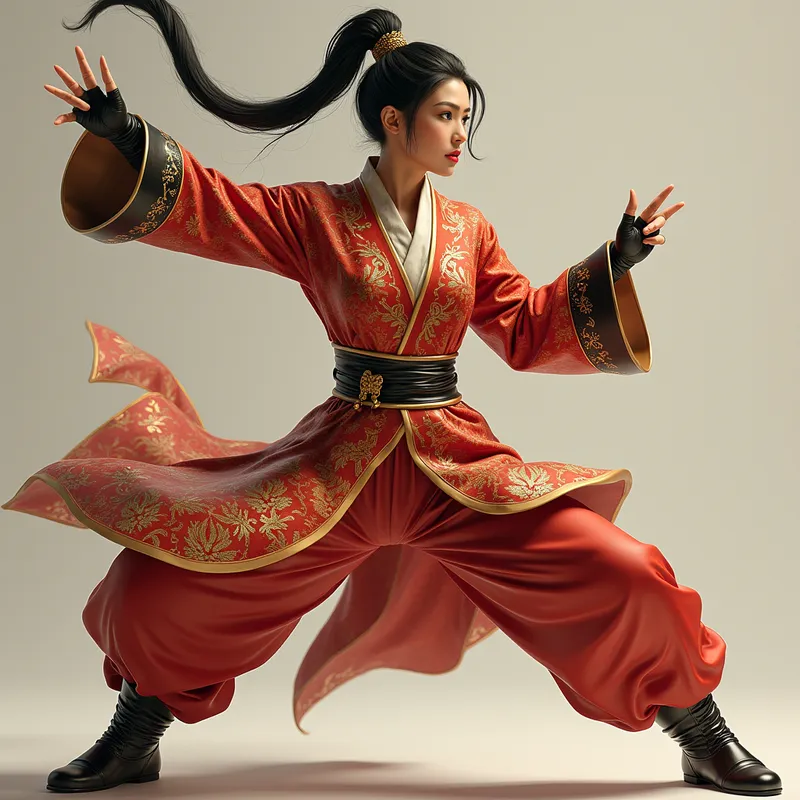 Kung Fu Stance with Shiny Leather Accessories - A depiction of Chun-Li striking a dramatic kung fu pose. She is clothed in a richly decorated Chinese robe with intricate patterns, complemented by bright, shiny riding boots and large, stiff leather gloves that radiate a polished, reflective surface. - AI image generated with Photorealistic 2
