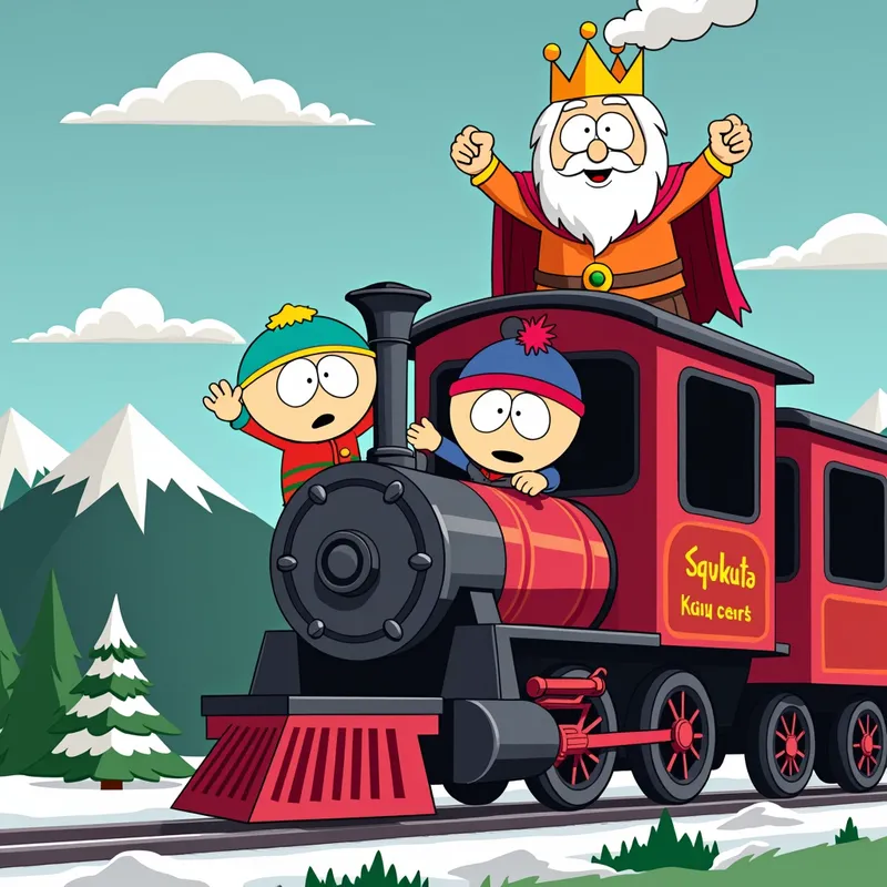 Kyle Train Adventure - Kyle from South Park driving a train called the SS Marotta. On top of the train, Socrates and a king are fist fighting. In the background, the train is being chased by a giant. - AI image generated with Photorealistic 2