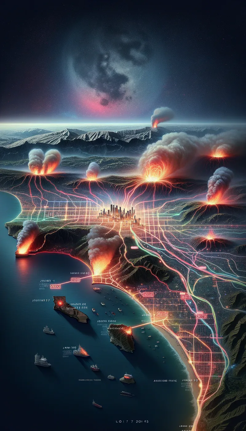 LA Wildfire Progression Animation - "An animated map of Los Angeles showing the progression of a wildfire over time. The map highlights key areas affected by the fire, such as neighborhoods and evacuation zones, with red flames and smoke icons marking the spread. The animation includes a timeline at the bottom, starting from 'January 7, 2025,' and advancing through key dates. Color-coded zones show varying fire intensity, with red indicating active fires, orange showing evacuation zones, and green marking safe areas. Subtle glowing effects emphasize the scale of the damage. The background includes a satellite-style view of Los Angeles with labeled highways, landmarks, and surrounding mountains."

Photo Should Be 1080 x 1920 pixel and the resolution is high quality image and detail. - AI image generated with Art