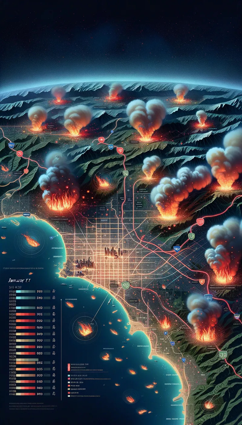 LA Wildfire Progression Animation - "An animated map of Los Angeles showing the progression of a wildfire over time. The map highlights key areas affected by the fire, such as neighborhoods and evacuation zones, with red flames and smoke icons marking the spread. The animation includes a timeline at the bottom, starting from 'January 7, 2025,' and advancing through key dates. Color-coded zones show varying fire intensity, with red indicating active fires, orange showing evacuation zones, and green marking safe areas. Subtle glowing effects emphasize the scale of the damage. The background includes a satellite-style view of Los Angeles with labeled highways, landmarks, and surrounding mountains."

Photo Should Be 1080 x 1920 pixel and the resolution is high quality image and detail. - AI image generated with Art