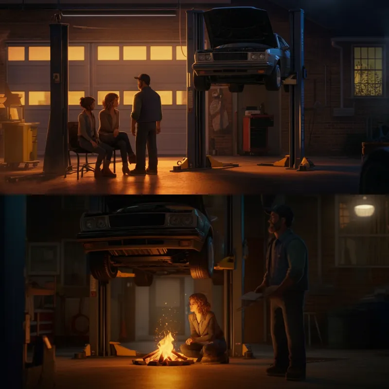 LEGO Love: Mechanics of Trust - MASTER VIDEO GENERATION PROMPT

Title: To The Moon and Back
Length: 3.5–4 minutes
Style: cinematic, dramatic, suspenseful, sweet, slightly devious
Format: 9:16 vertical
Tone: emotional realism, mature PG-13 storytelling
Visual Style: high-quality LEGO-style animated short film, realistic lighting, shallow depth of field, subtle camera motion, warm and cool color shifts for mood

FULL STORY PROMPT TO PASTE:

Create a 4-minute cinematichuman-style animated short film about a blue-collar mechanic and his girlfriend navigating love, trust, and loyalty.

The story begins in a warm suburban garage at sunset. The mechanic is under a car on jack stands while close friends stand around laughing and talking casually. Light smoke drifts in the air. The mood feels grounded and real. Subtle slow camera push-in.

Cut to night. The mechanic and his girlfriend sit beside a small fire near the unfinished car. Firelight flickers across their faces. She talks about her dream of becoming a nurse and helping people. He listens fully, proud and supportive. The atmosphere is intimate and hopeful.

Morning light. The mechanic stands alone looking at the car, thoughtful. His girlfriend joins him quietly. The mood is calm but reflective.

Shift tone. Late at night, dim bedroom lighting. The mechanic sits up while his girlfriend sleeps. He hesitates, then checks her phone. On screen, a message from his close friend inviting her to a party. Her response clearly declines. The color grading turns cooler. Subtle tension builds. No shouting, just quiet realization.

Daytime confrontation. The mechanic calmly confronts his friend outside his house. The friend deflects and minimizes the situation. The mechanic sets a boundary firmly and walks away. No violence. Strong emotional control.

Transition back to warmth. A few days later, the mechanic surprises his girlfriend with dinner at Olive Garden, her favorite place. Fried ravioli on the table. Soft smiles. Emotional intimacy returns.

Driving home  - AI image generated with Imagen 3